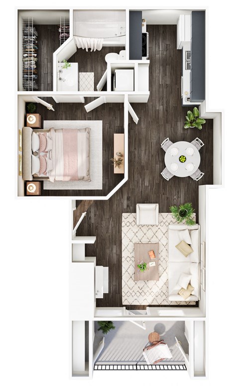 a stylized floor plan with a bedroom and a living room